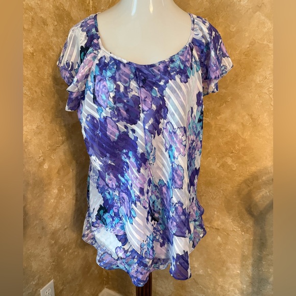 Dress Barn Purple and Blue Ruffled Flutter Sleeve Blouse - Picture 1 of 3